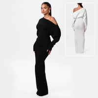 Off-Shoulder Bodycon Knit Dress - Elegant Long Sleeve Evening Dress