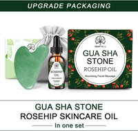 Jade Gua Sha Facial Massage Tool Set with Rosehip Oil and Travel Pouch