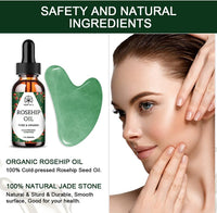Jade Gua Sha Facial Massage Tool Set with Rosehip Oil and Travel Pouch