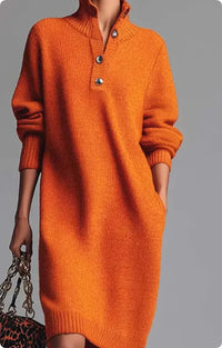 Long-sleeved Sweater Dress Warm Stand-up Collar V-neck Button Pullover Dresses Winter
