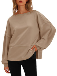 Fisoew Womens Casual Crewneck Sweatshirts Lantern Long Sleeve Side Slit Loose Sweatshirt Fall Crop Pullover Tops