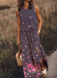Women Summer Dresses Fashion Side Slit Long Dress With Pockets Vestidos Solid Casual O-Neck Sleeveless A-Line Sundress For Holiday