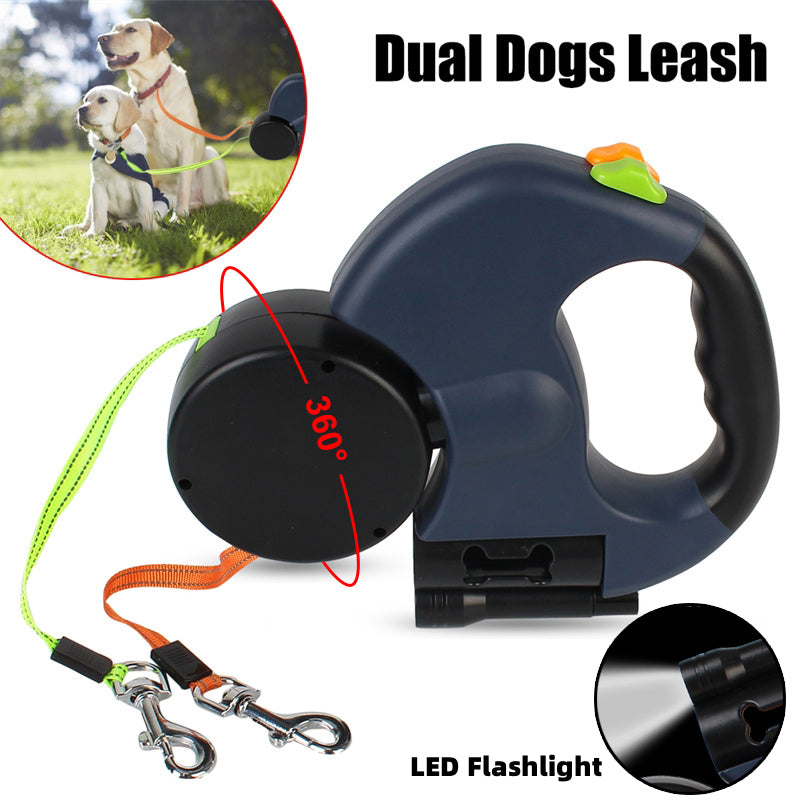 Retractable Dual Dog Leash with LED Light & Reflective Design
