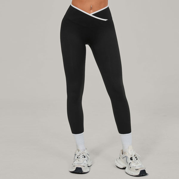 Bare-feel Tight Cross-over High-waist Contrast-color Leggings