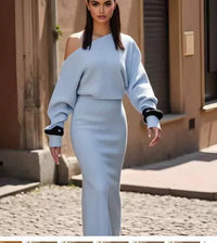 Off-Shoulder Bodycon Knit Dress - Elegant Long Sleeve Evening Dress