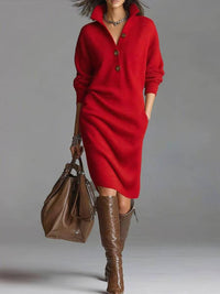 Long-sleeved Sweater Dress Warm Stand-up Collar V-neck Button Pullover Dresses Winter