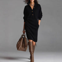 Long-sleeved Sweater Dress Warm Stand-up Collar V-neck Button Pullover Dresses Winter
