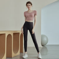 New Womens Solid-color Short-sleeve Yoga Set
