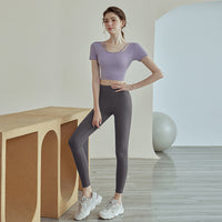 New Womens Solid-color Short-sleeve Yoga Set