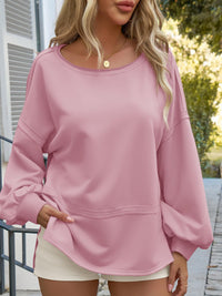 Fisoew Womens Casual Crewneck Sweatshirts Lantern Long Sleeve Side Slit Loose Sweatshirt Fall Crop Pullover Tops